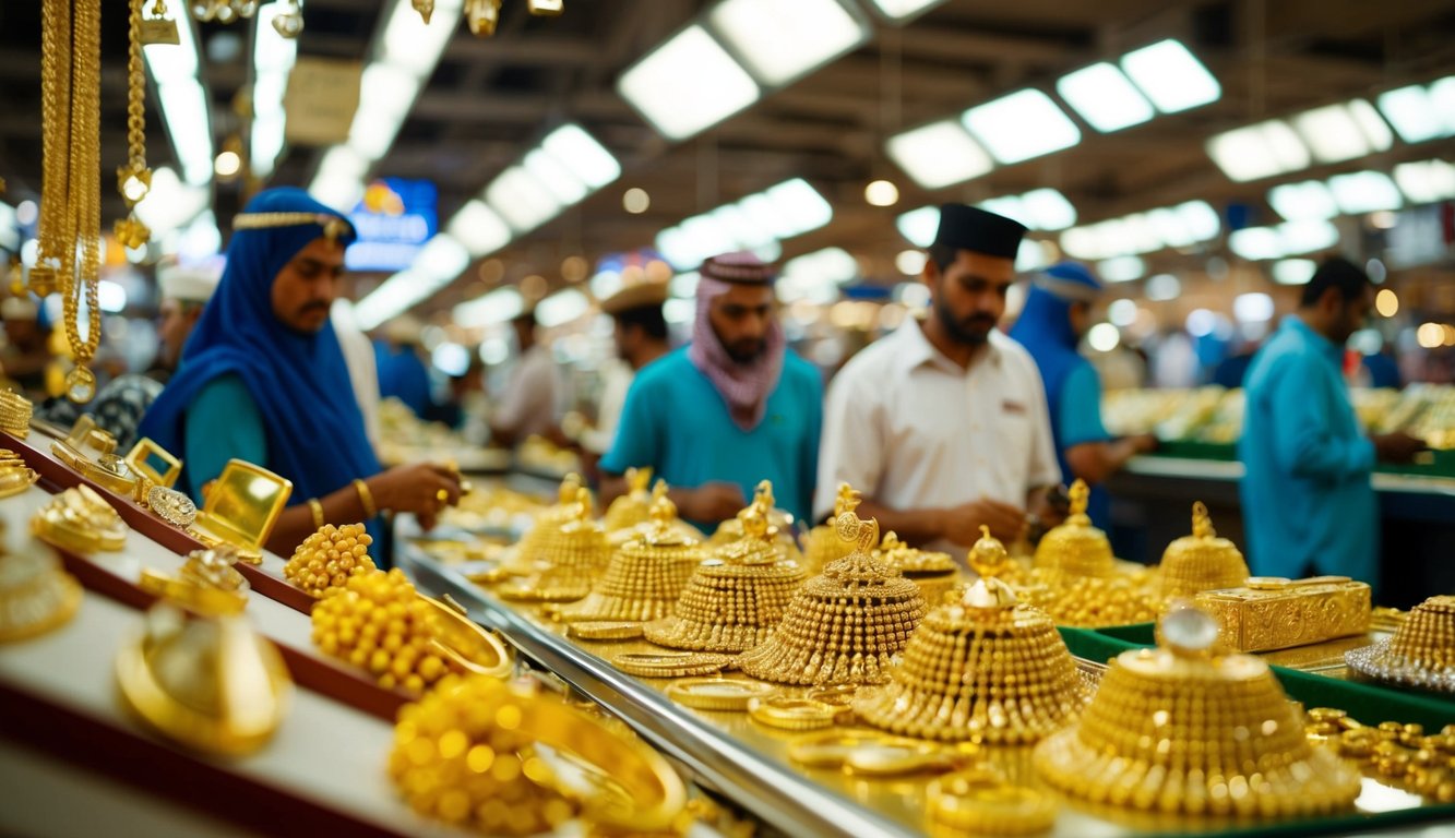 A bustling Dubai gold market with glittering jewelry and busy traders