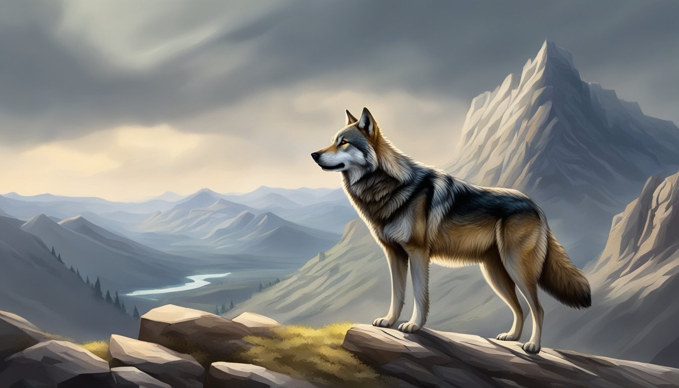 A lone wolf traversing a rugged landscape, overcoming obstacles and adapting to the changing terrain