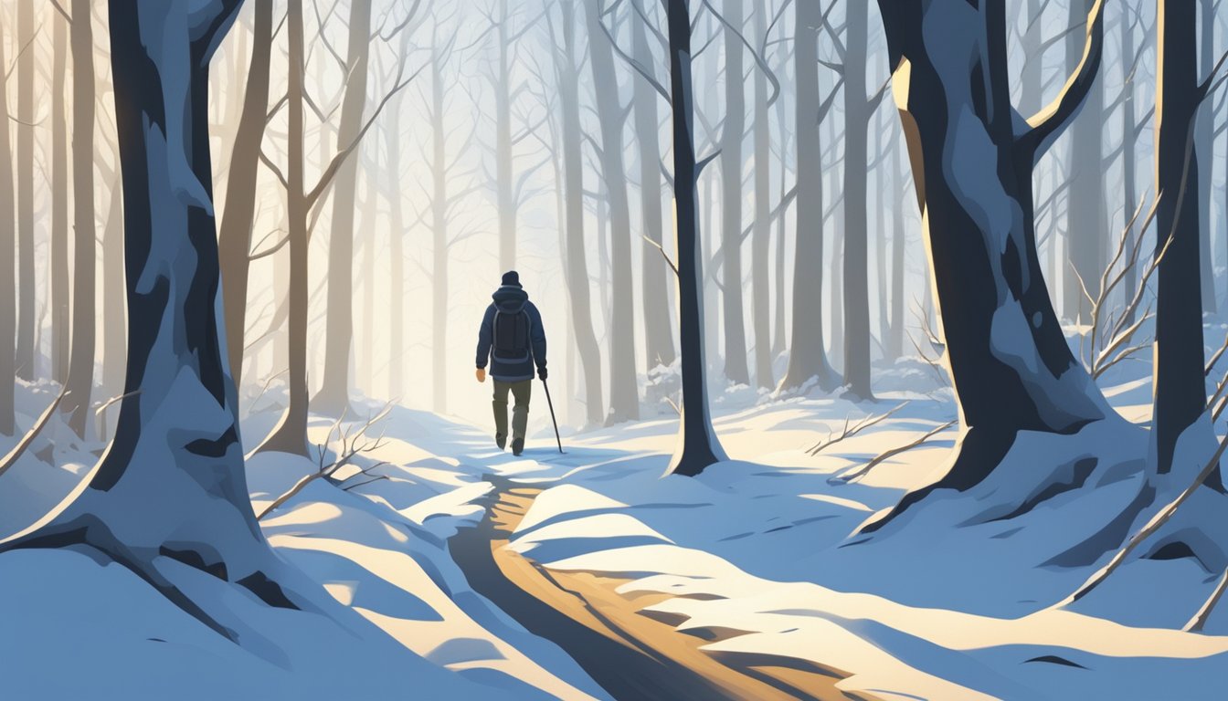 A lone figure treks through a snow-covered forest, searching for clues among the frosty trees. The winter sun casts long shadows, illuminating the path ahead