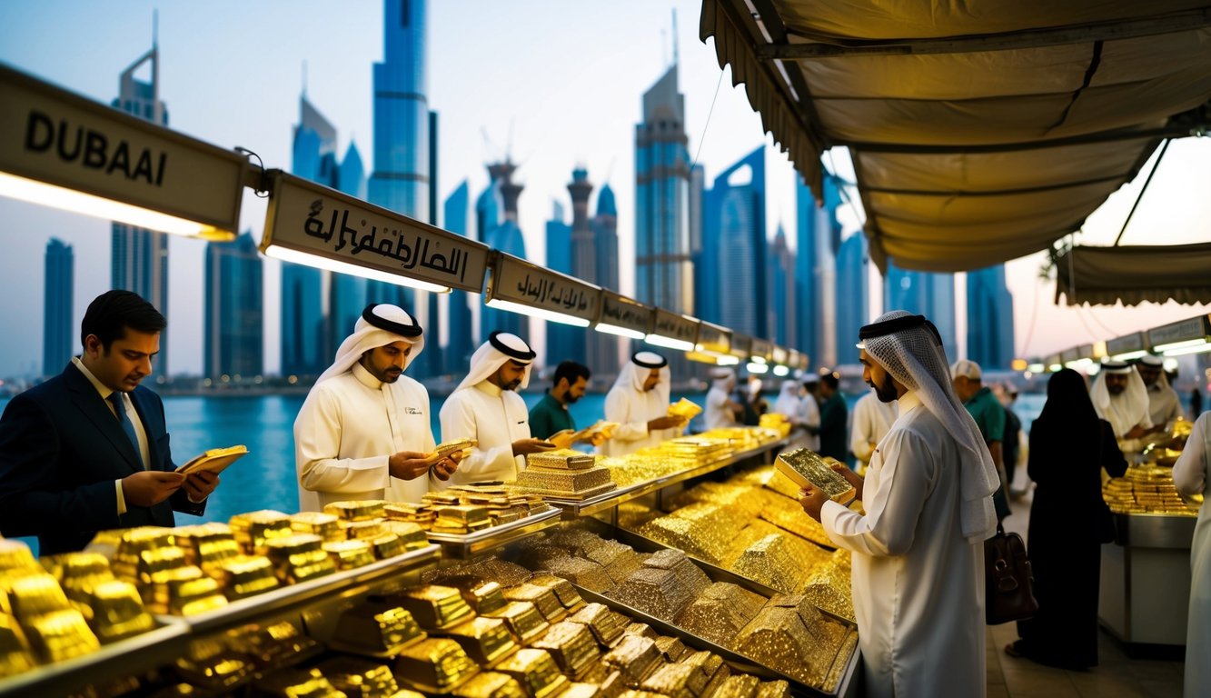 A bustling gold market in Dubai, with vendors showcasing their glittering wares and customers examining the precious metal. The backdrop features the iconic skyline of the city