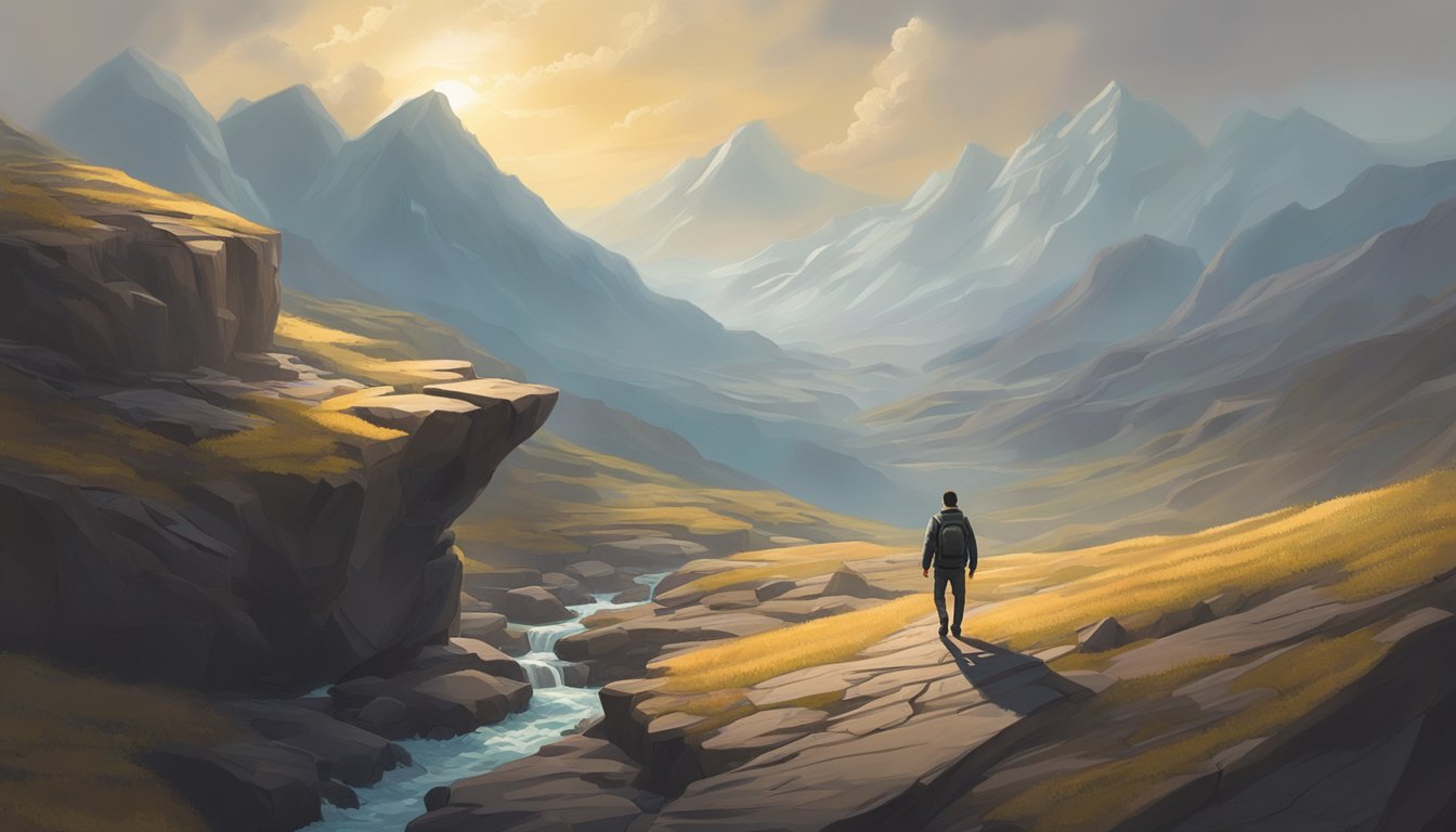 A lone figure traverses a rugged landscape, facing obstacles and trials, emerging transformed and enlightened