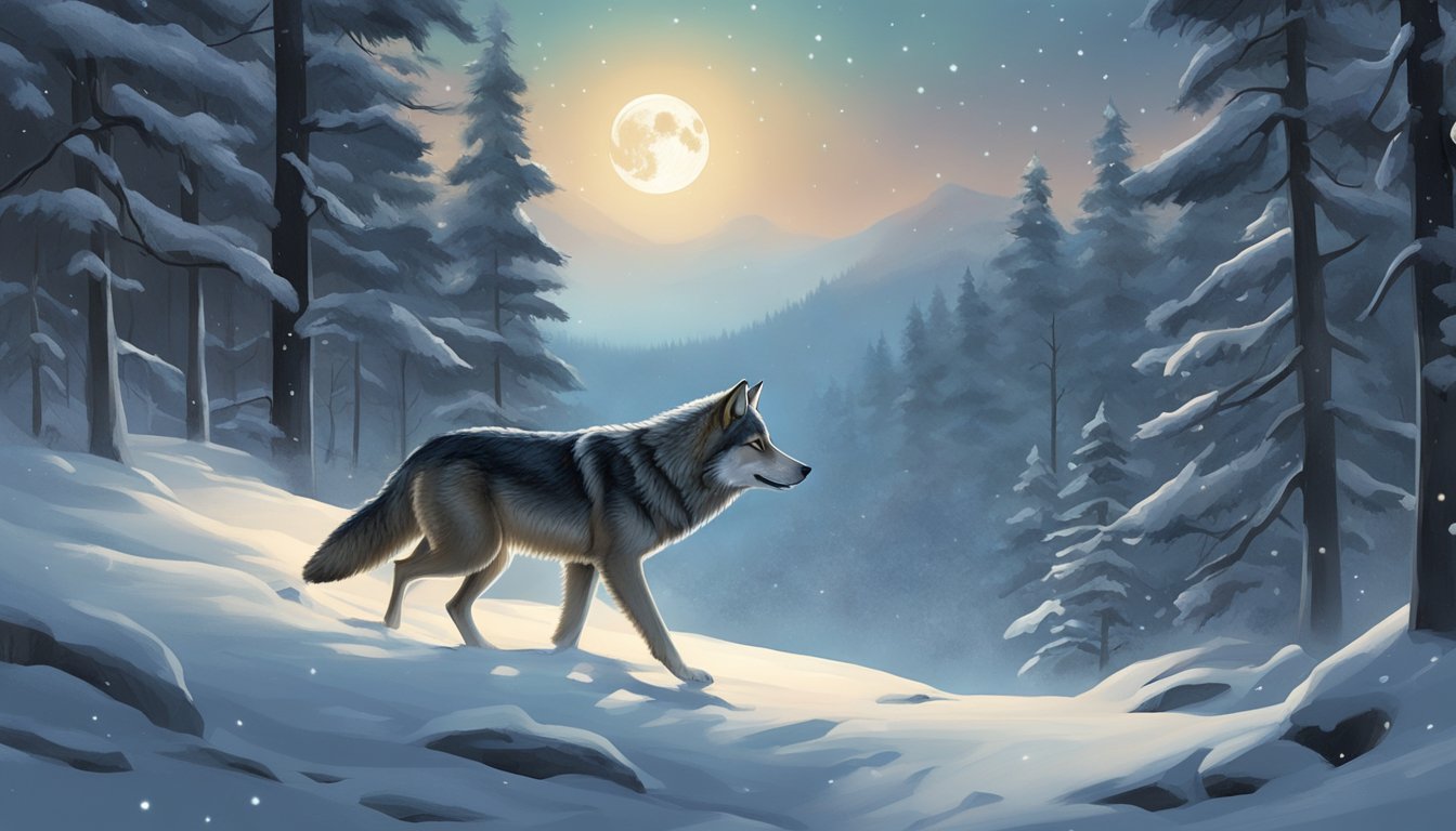 A lone wolf traverses a snow-covered forest, its breath visible in the cold air. The moon casts a soft glow on the scene, creating a sense of quiet solitude amidst the wintry landscape