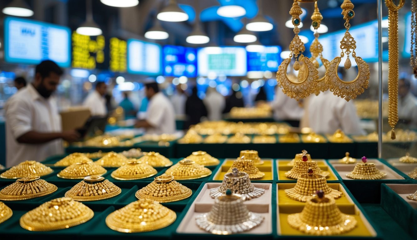 A bustling Dubai gold market with gleaming jewelry, intricate designs, and fluctuating price boards