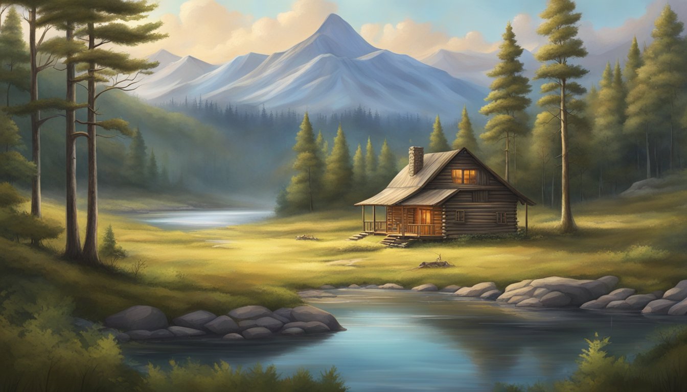 A vast, untouched wilderness with rolling hills, dense forests, and a winding river. A lone hunting cabin sits nestled among the trees, surrounded by abundant wildlife