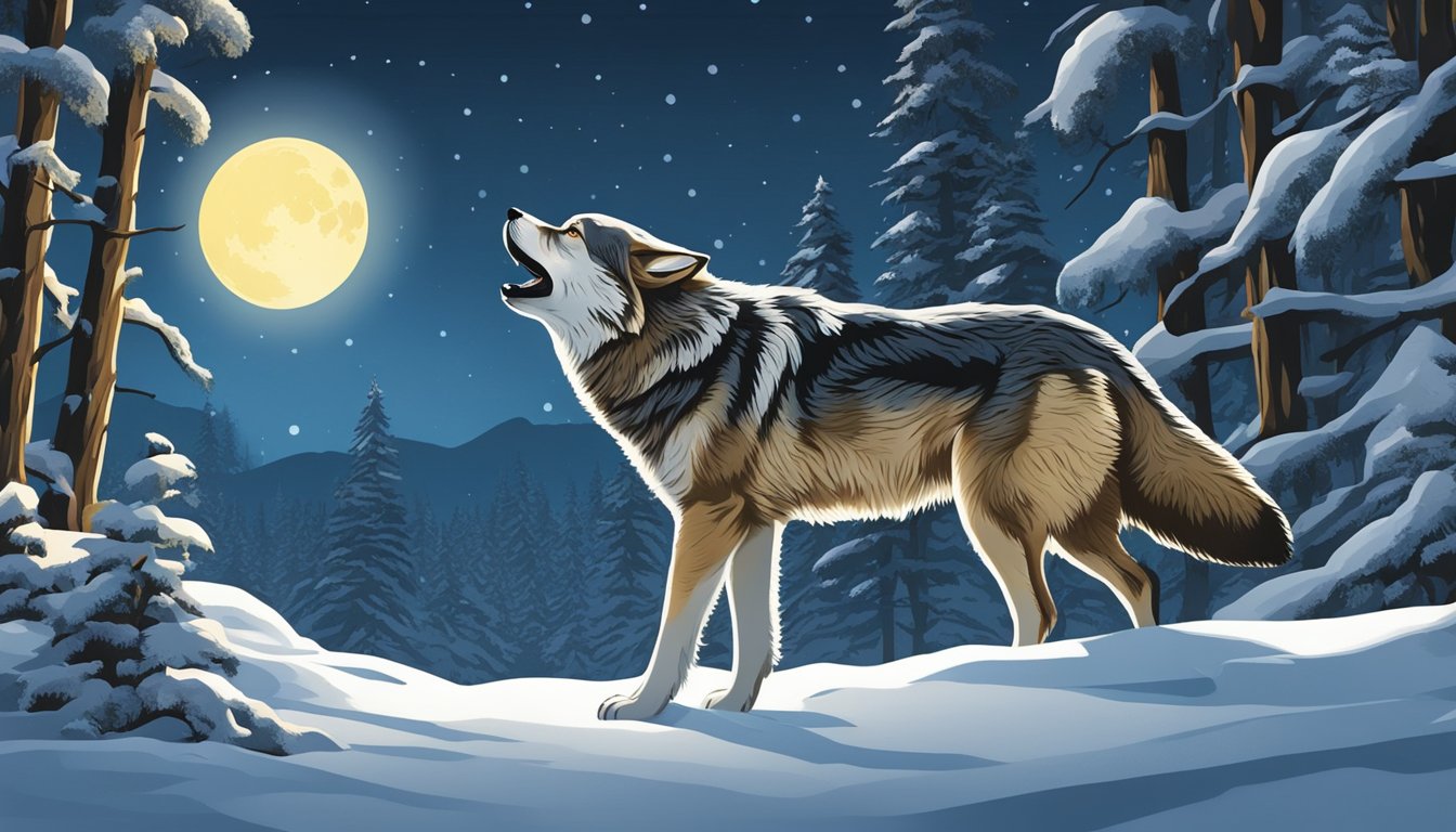 A lone wolf howling under a full moon in a snow-covered forest