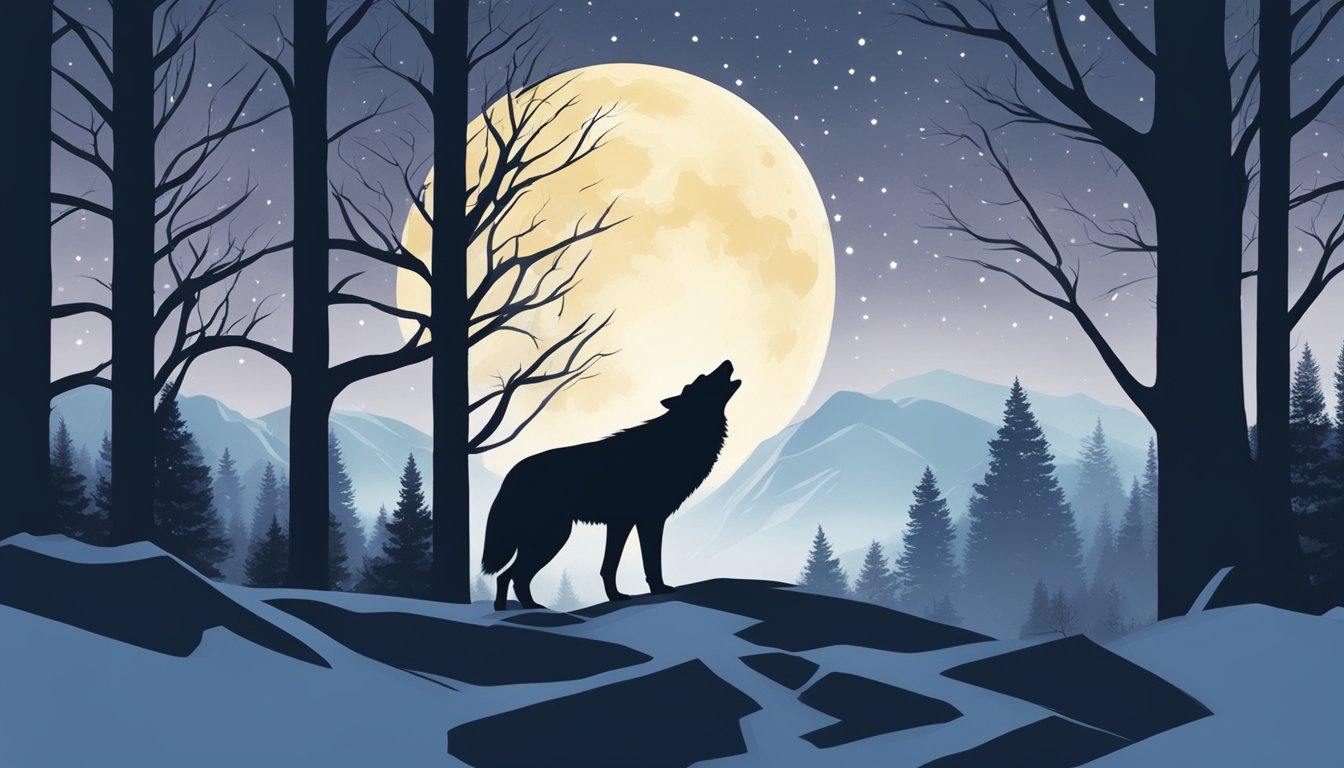 A lone wolf howling under the moonlight amidst a snowy forest, with the silhouette of bare trees and a distant mountain range