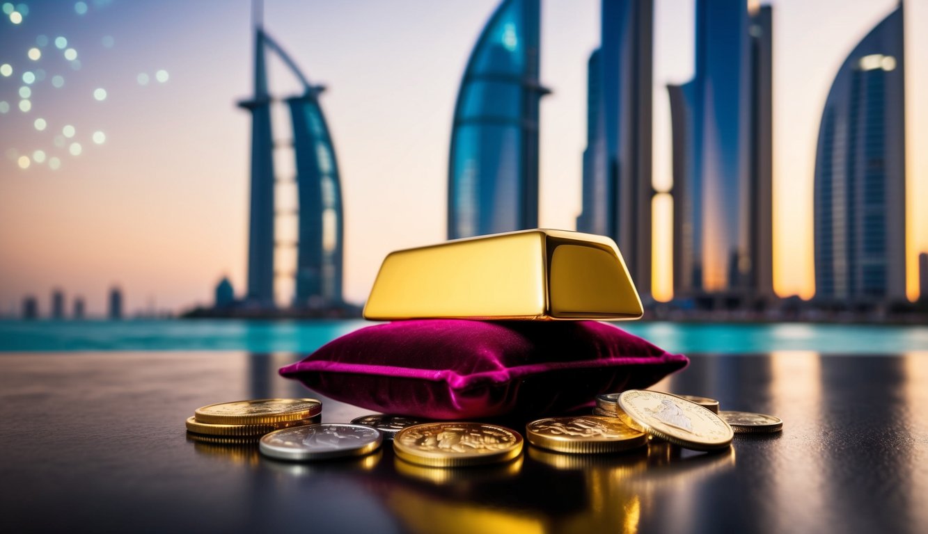 A gleaming gold bar rests on a velvet cushion, surrounded by sparkling coins and jewelry. The backdrop is a luxurious, modern Dubai skyline