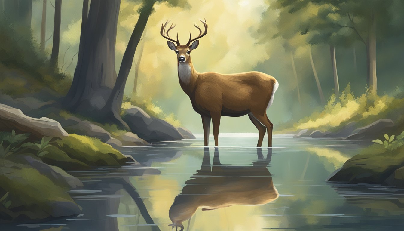 A deer stands at the edge of a dense forest, gazing at its reflection in a tranquil stream, contemplating its place in the natural world