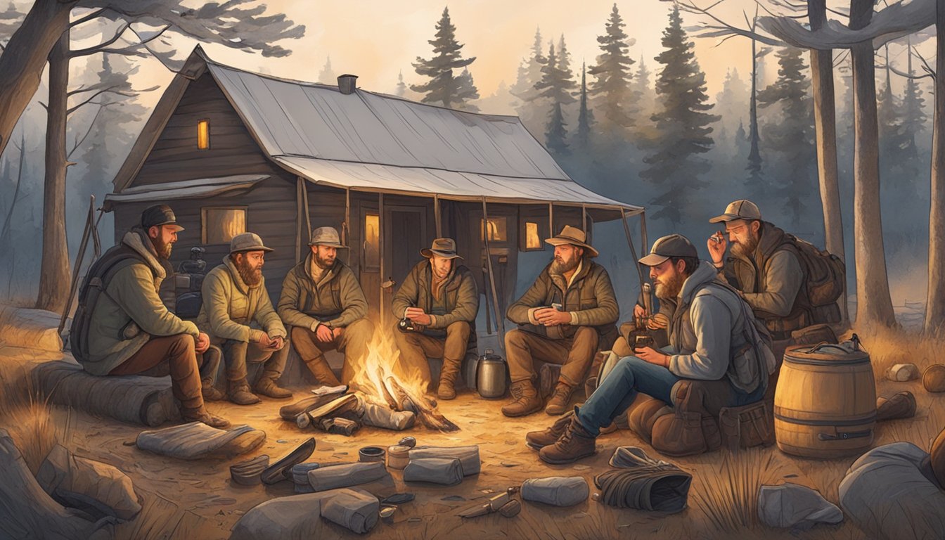 A cozy hunting camp with a crackling fire, surrounded by whiskey bottles and hunting gear. A group of friends sit around, sharing stories and reflecting on the day's hunt