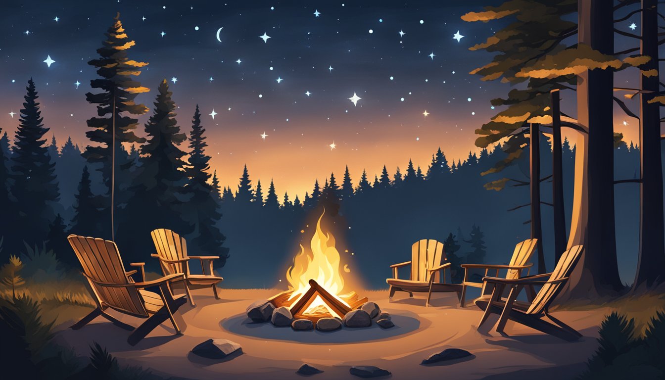 A cozy campfire surrounded by camping chairs, with a backdrop of tall trees and a starry night sky