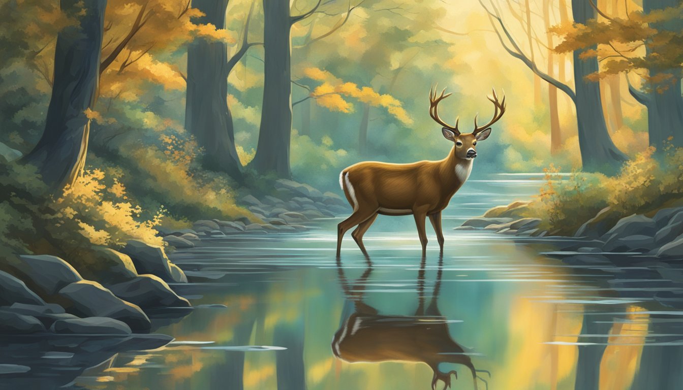 A deer peers cautiously through the dense forest, its reflection mirrored in a tranquil stream below, capturing the essence of self-discovery in the eyes of hunted animals