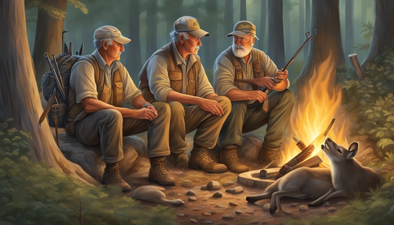 A family of deer hunters gather around a campfire, surrounded by a lush forest and wildlife. The older generation passes down knowledge and traditions to the younger members