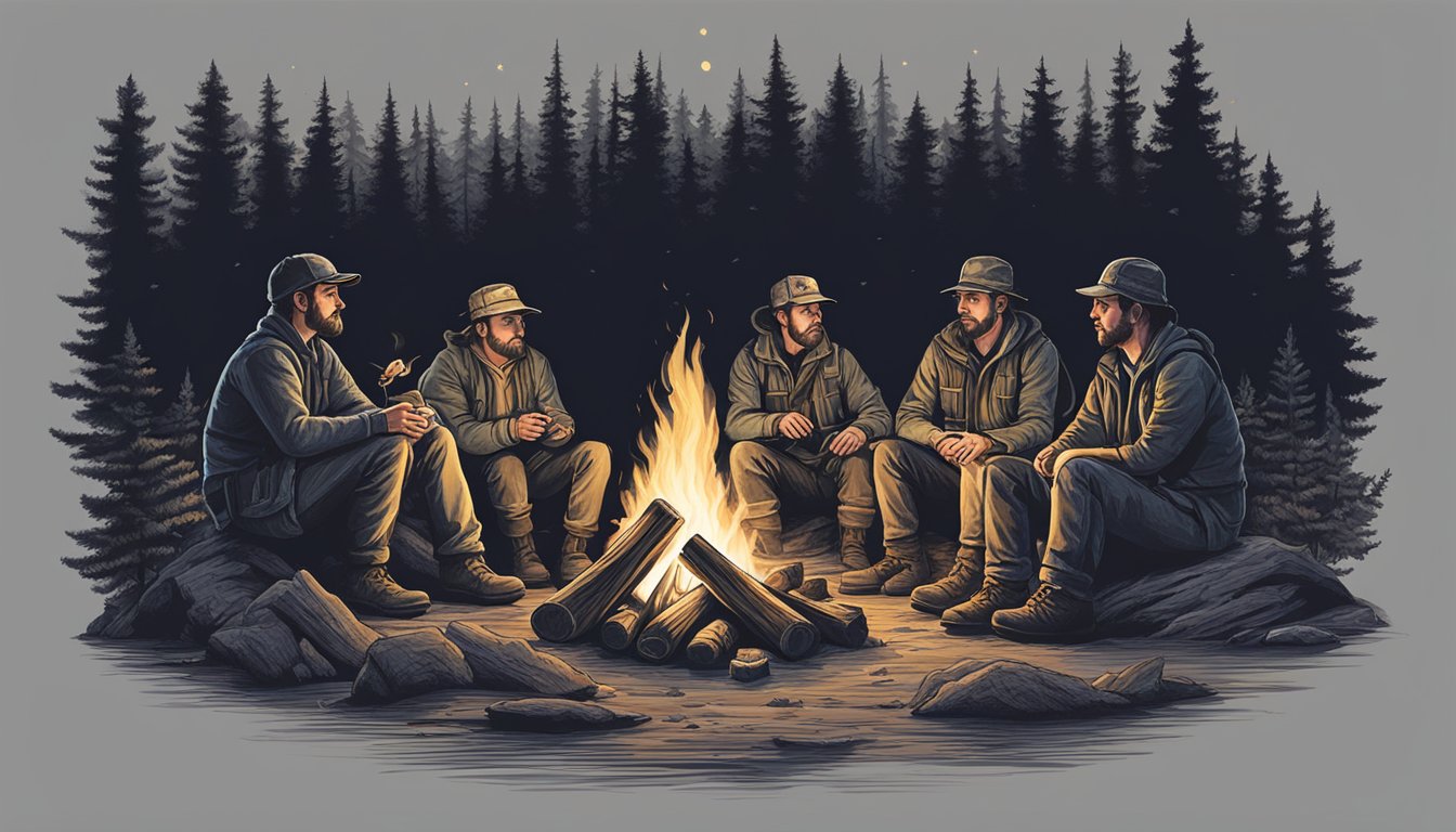 A cozy campfire illuminates the dark forest as a group of hunters sit around, lost in thought, reflecting on the day's events at Camp Whiskey and Wisdom