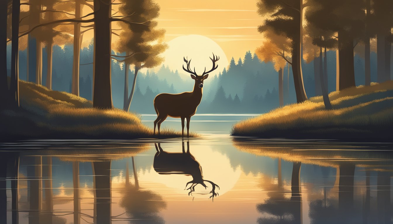 A deer stares into a tranquil pond, its reflection mirroring the surrounding forest. The setting sun casts a warm glow, creating a serene and introspective atmosphere