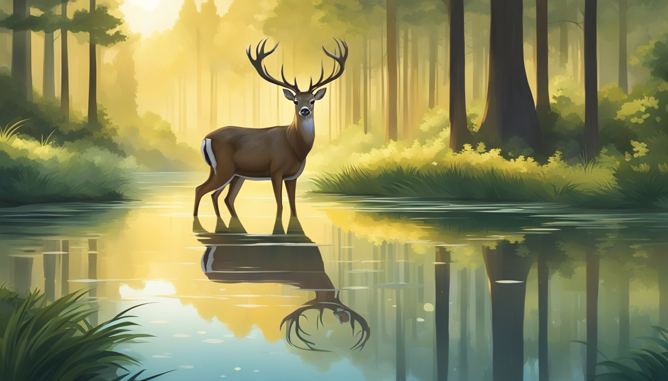 A deer stares at its reflection in a tranquil pond, surrounded by lush greenery and the soft glow of sunlight filtering through the trees