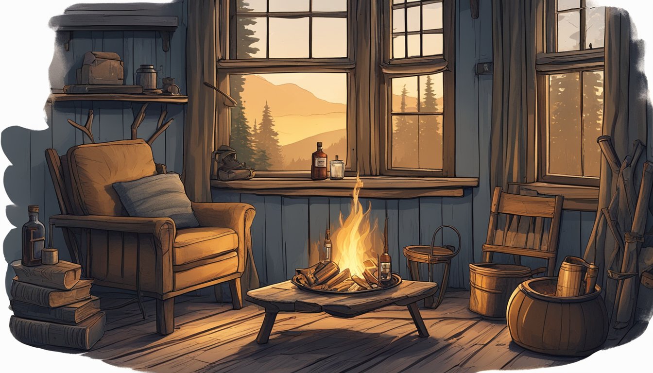 A cozy hunting camp with a flickering fire, a bottle of whiskey, and a worn-out chair for late-night contemplation