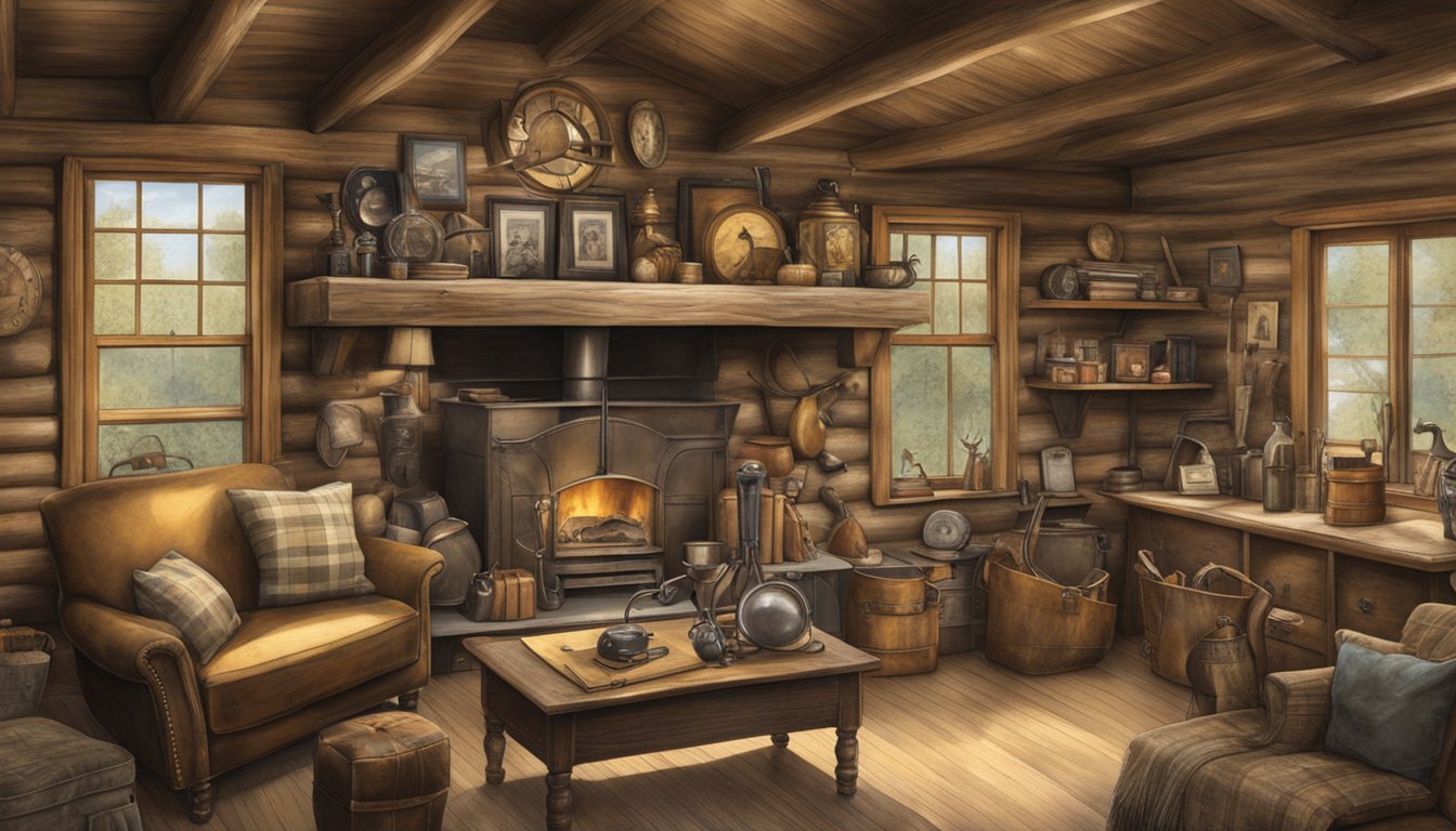 A rustic cabin filled with antique hunting gear and family heirlooms. Trophy mounts adorn the walls, and old photographs capture generations of hunters in action