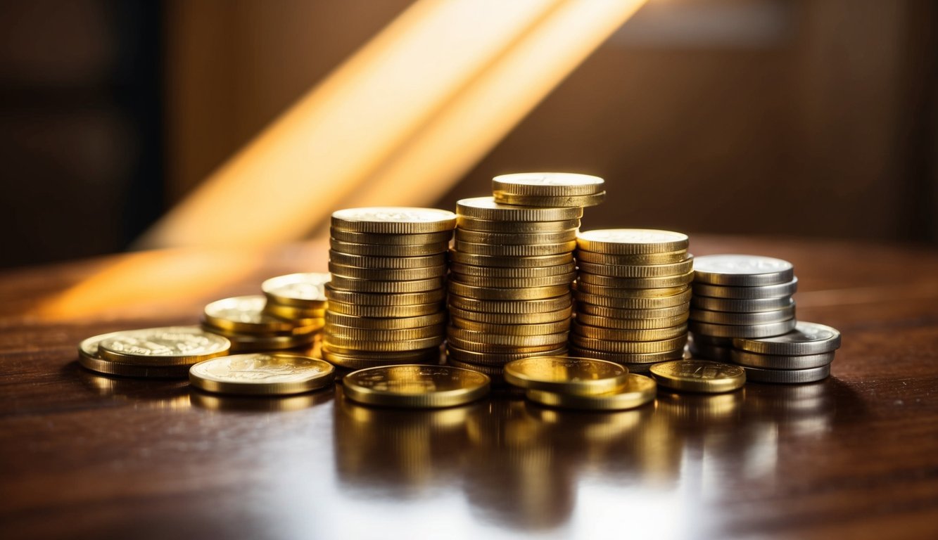 A stack of gold coins and bars arranged on a polished wooden surface, with a beam of sunlight casting a warm glow over the precious metal