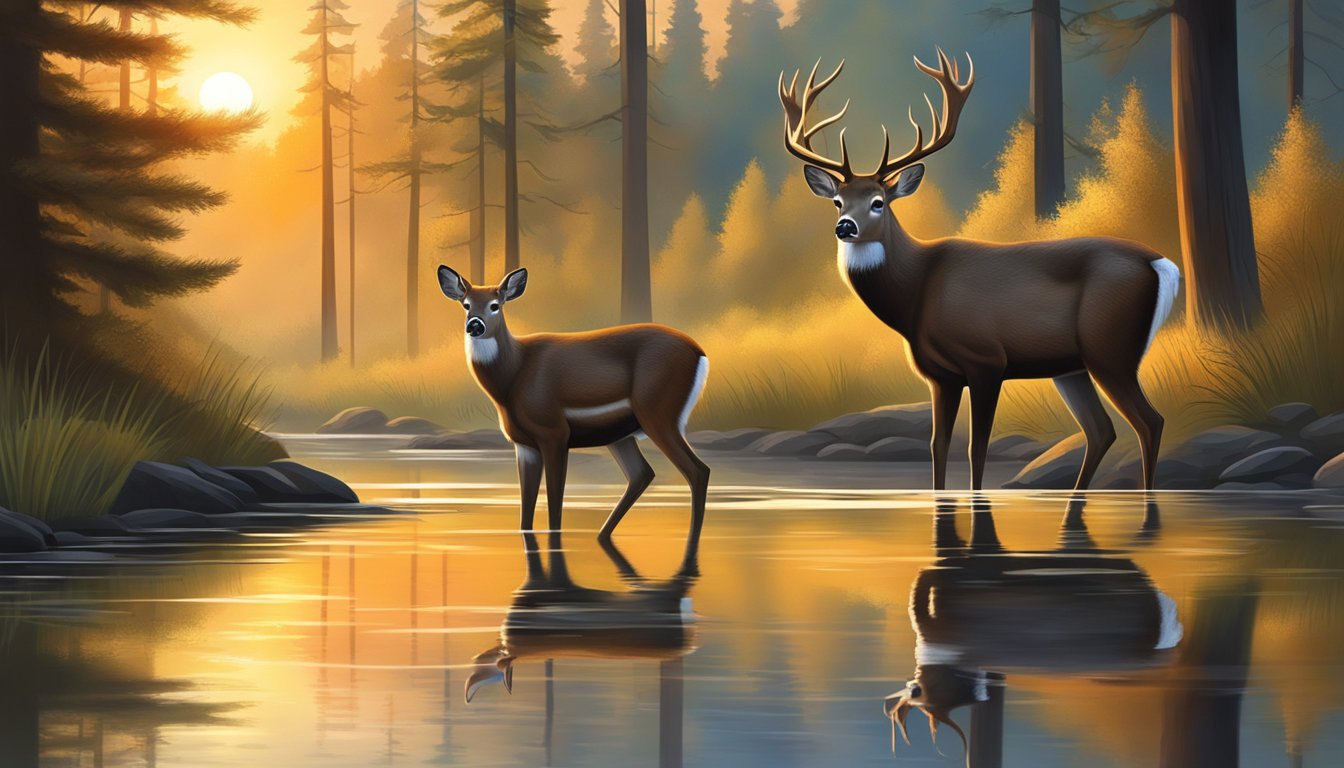 A deer gazes into a still pond, its reflection mirroring the surrounding forest. The sun sets behind the trees, casting a warm glow on the peaceful scene