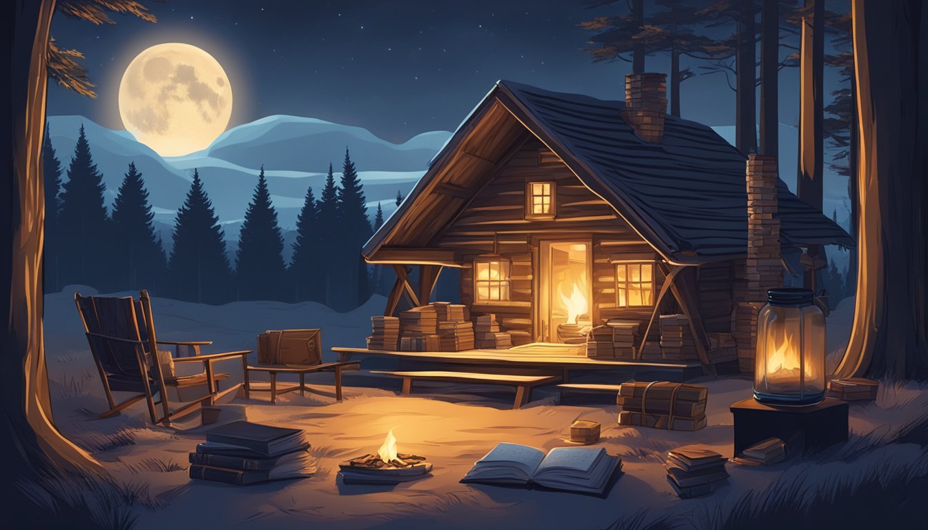 A cozy hunting camp with a crackling fire, a bottle of whiskey, and a stack of books. Moonlight filters through the trees outside