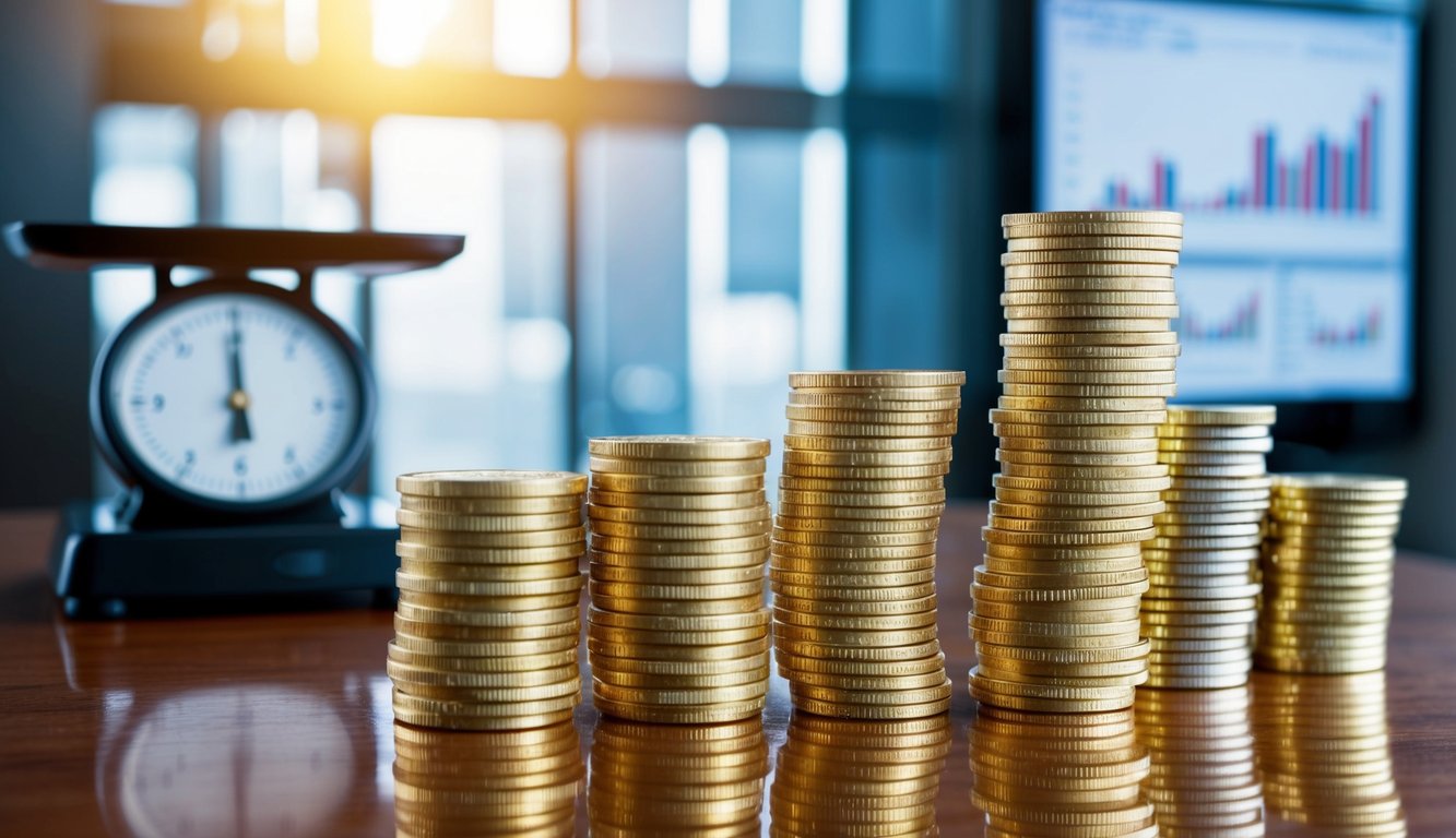 A stack of gold coins and bars arranged on a polished wooden surface, with a scale and financial charts in the background