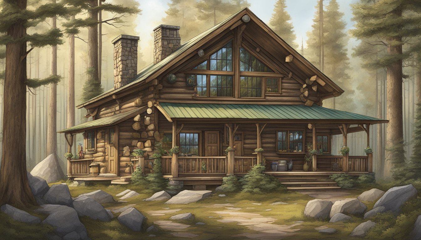 A rustic cabin nestled in a dense forest, surrounded by hunting gear and trophies, with a family crest displayed prominently on the wall