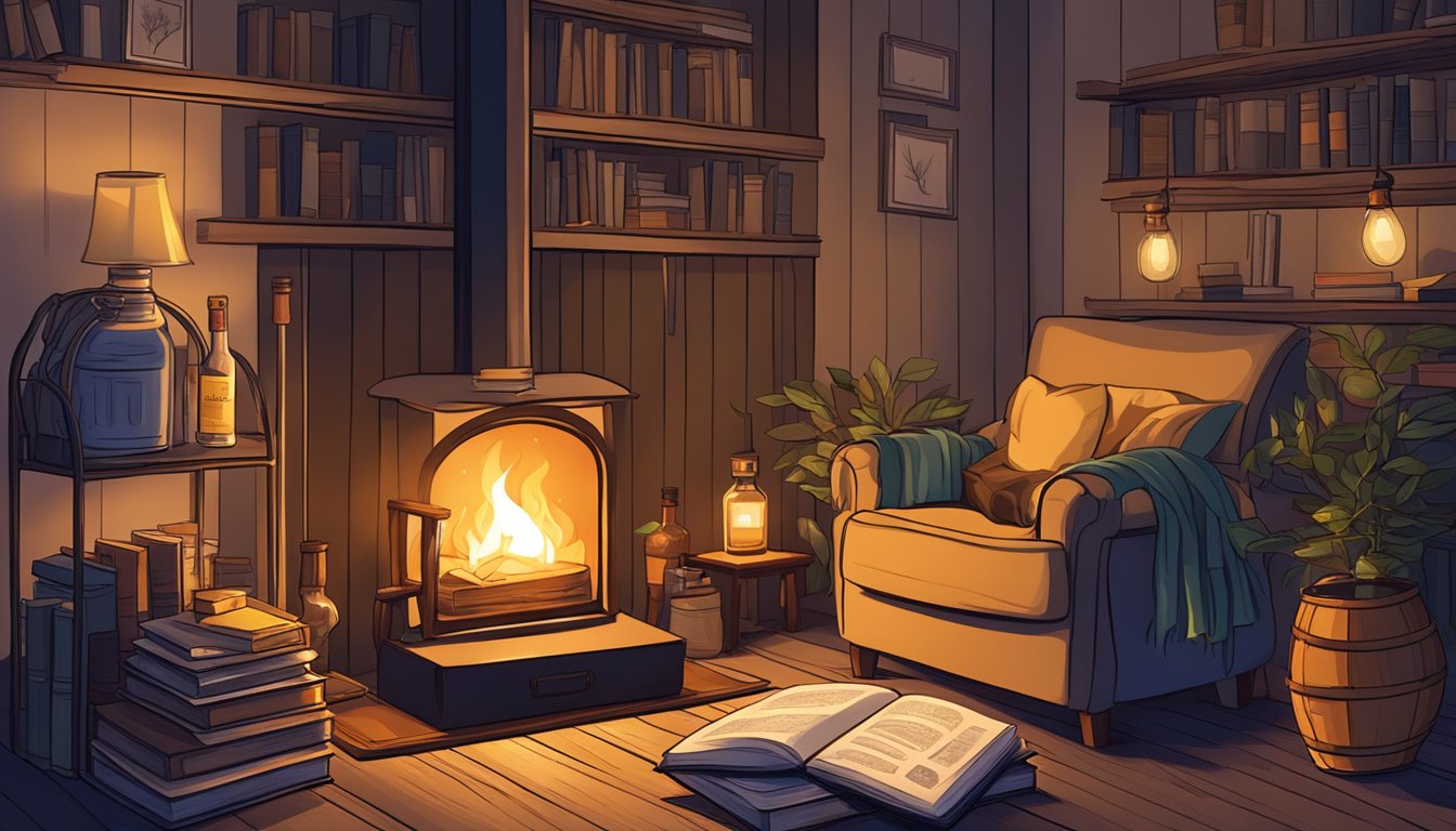 A cozy hunting camp with a flickering fire, a bottle of whiskey, and a stack of books for late-night reflection