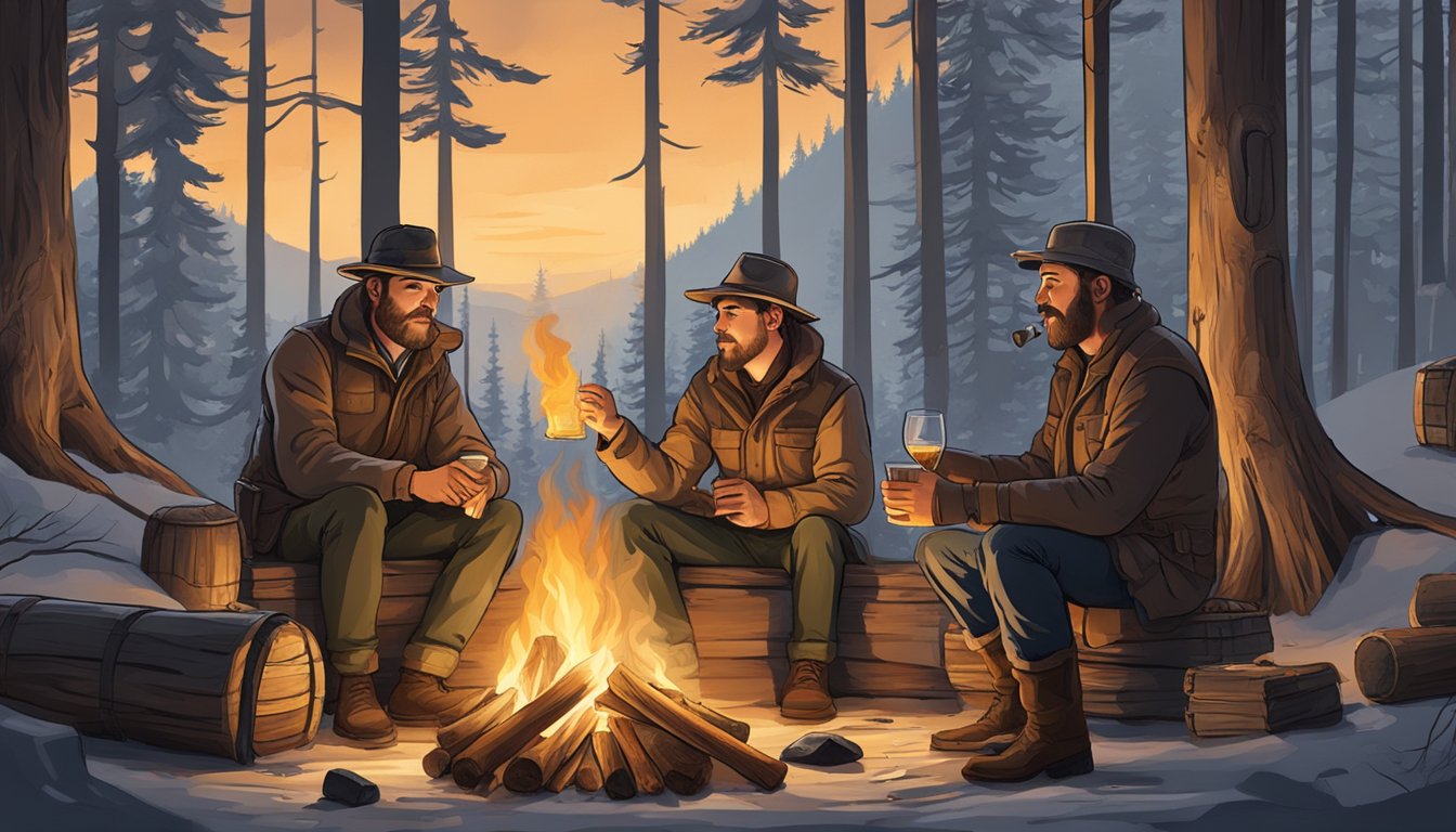 A cozy hunting camp with a crackling fire, whiskey glasses, and thoughtful conversation on conservation and ethics