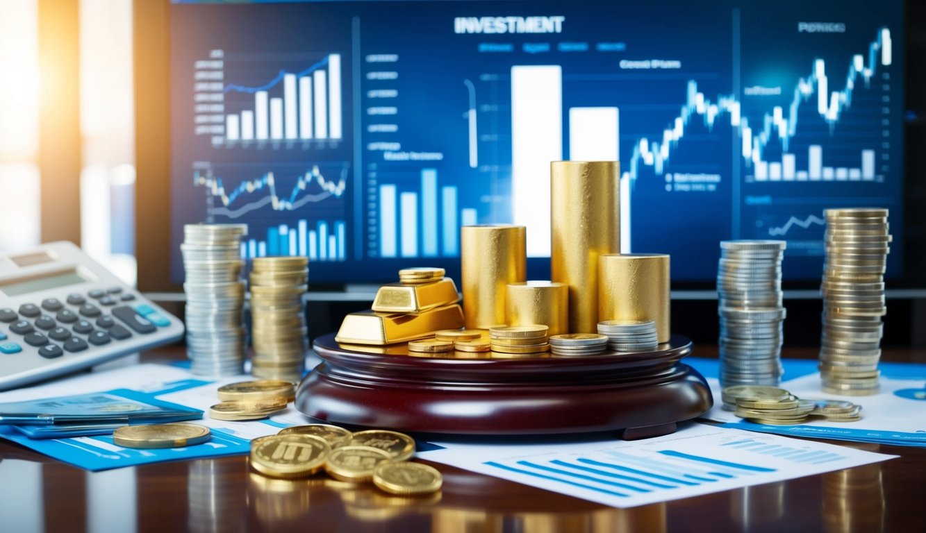 A diverse investment portfolio with gold bars, coins, and jewelry displayed on a polished wooden table, surrounded by financial charts and graphs