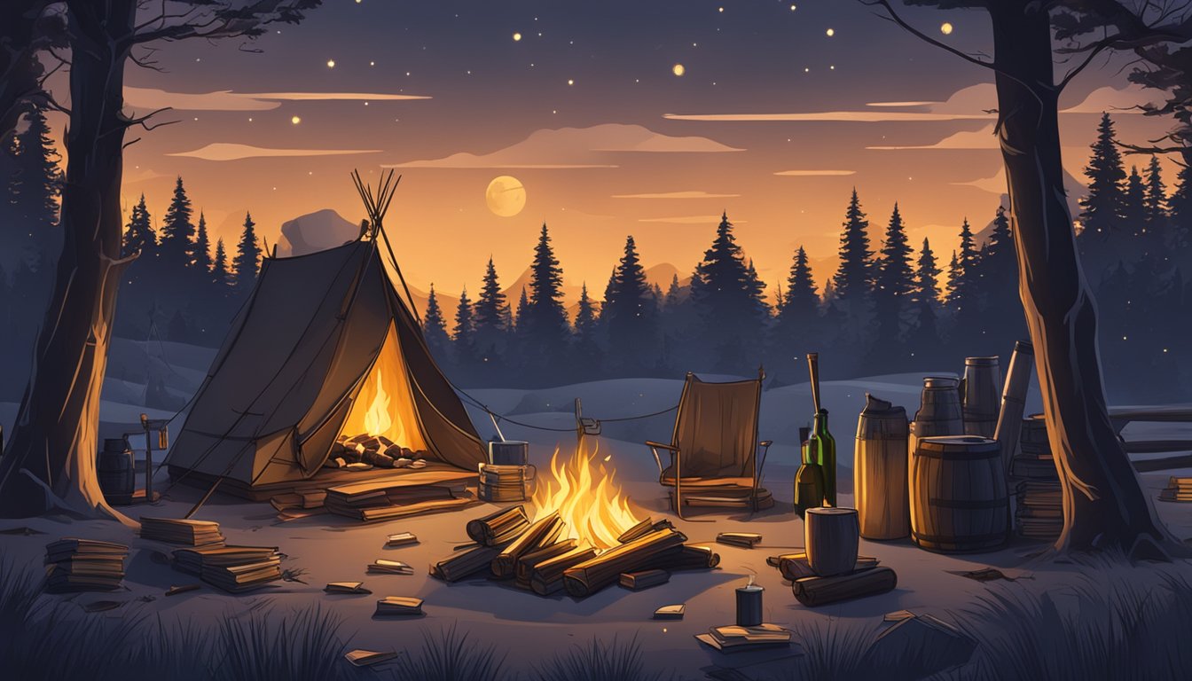 A rustic hunting camp at night, with a glowing campfire, surrounded by whiskey bottles and scattered books