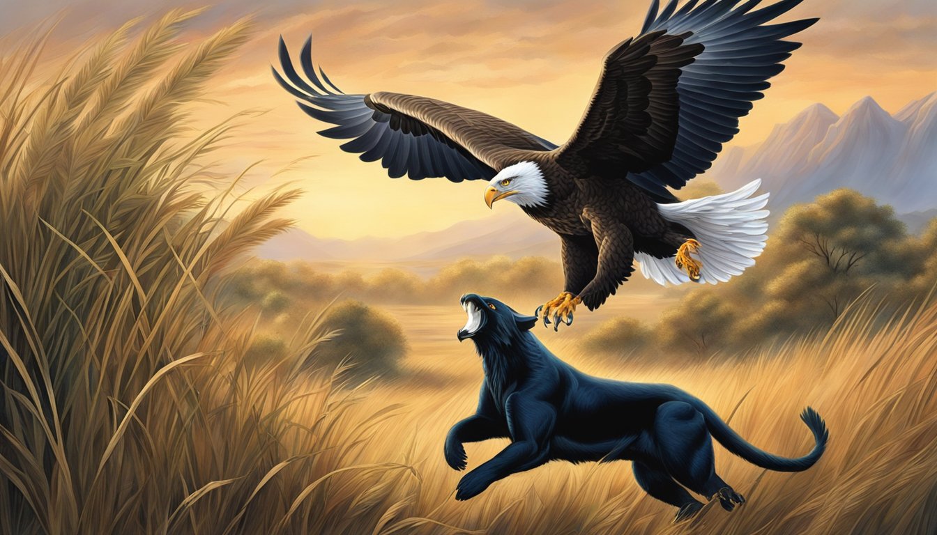 A majestic eagle swoops down to catch its prey, while a sleek panther stalks through the tall grass, both embodying the essence of hunting predators