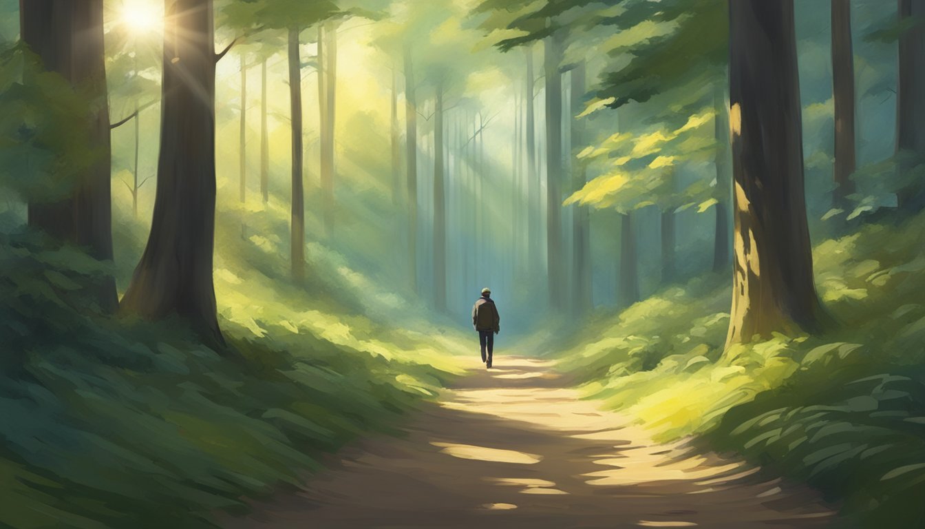 A lone figure walks through a dense forest, bow in hand, surrounded by the quiet beauty of nature. The sun filters through the trees, casting dappled light on the path ahead