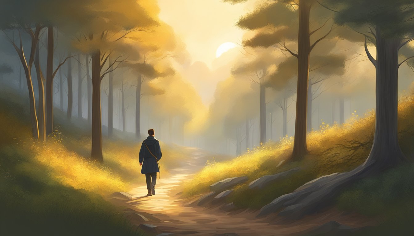 A lone figure traverses a winding forest path, bow in hand, as the golden light of dawn filters through the trees