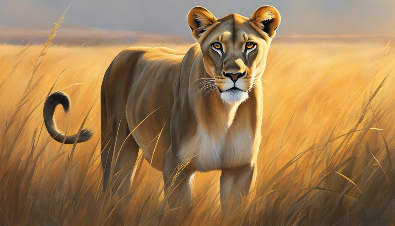 A lioness stalks through tall grass, her eyes fixed on a group of grazing antelope. The setting sun casts a warm glow over the savannah, creating a serene yet tense atmosphere