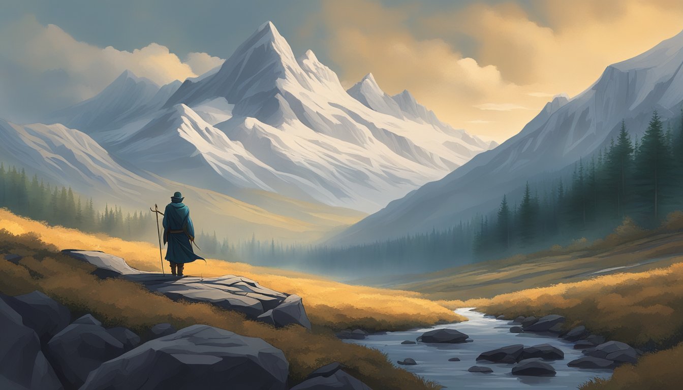 A lone figure, bow in hand, traverses a rugged landscape, surrounded by towering mountains and dense forests, with a sense of determination and spiritual purpose