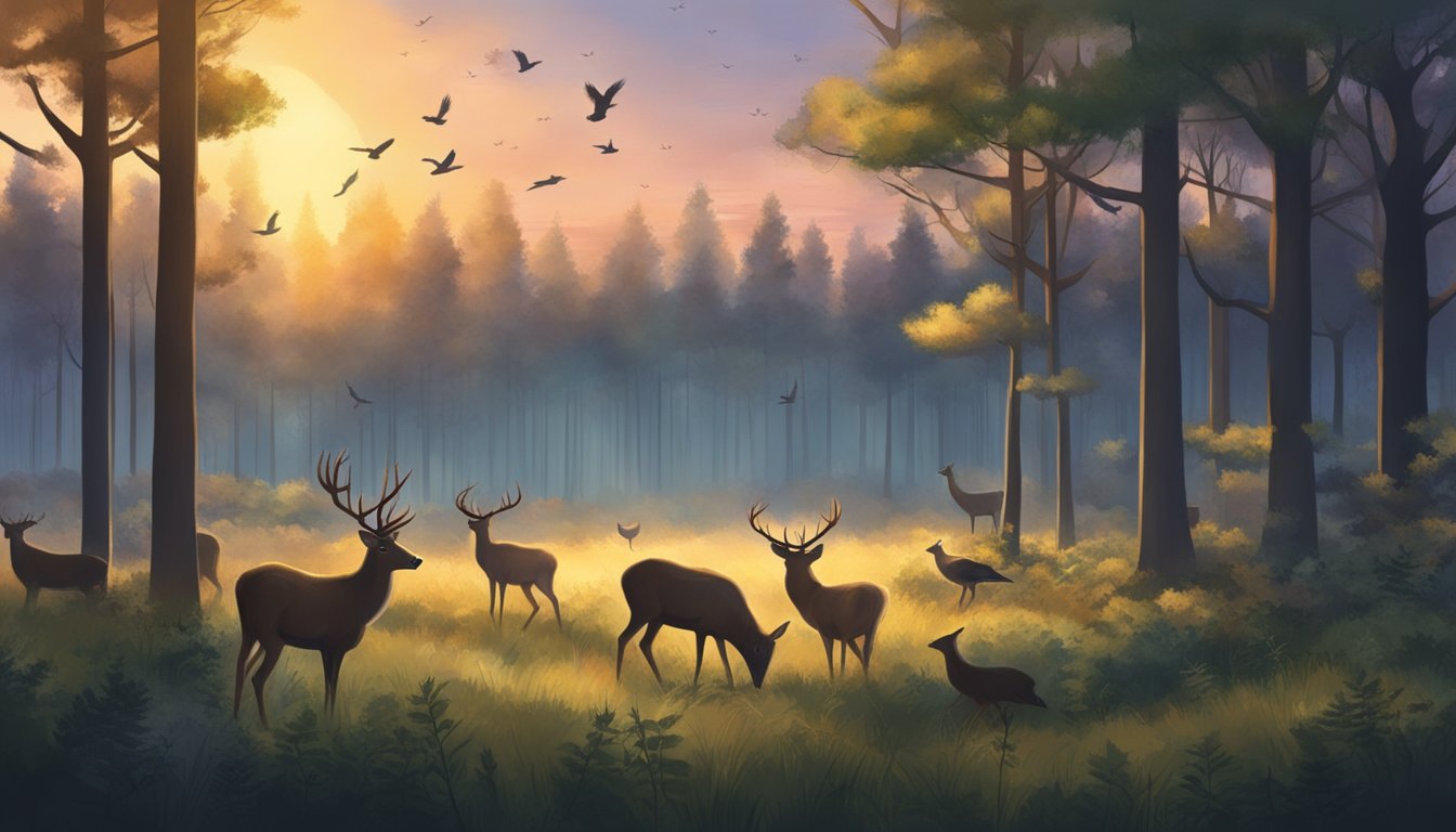 A forest at dusk, alive with the calls of animals. A deer grazes peacefully while birds sing and insects buzz. The symphony of the hunt begins