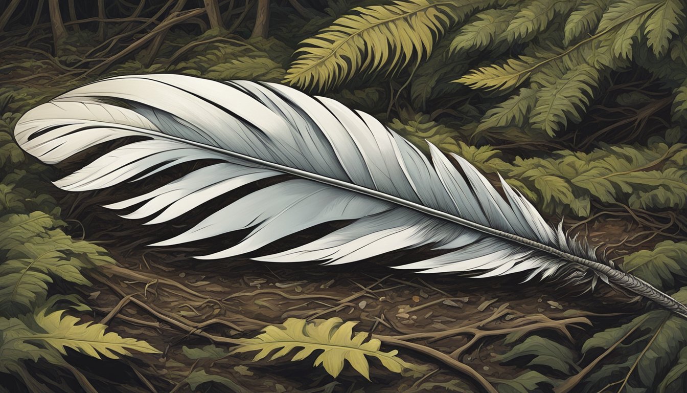 A lone feather rests on a forest floor, surrounded by the sharp, curved fang of a predator. The contrast between the delicate feather and the menacing fang symbolizes the lessons in humility learned from hunting predators