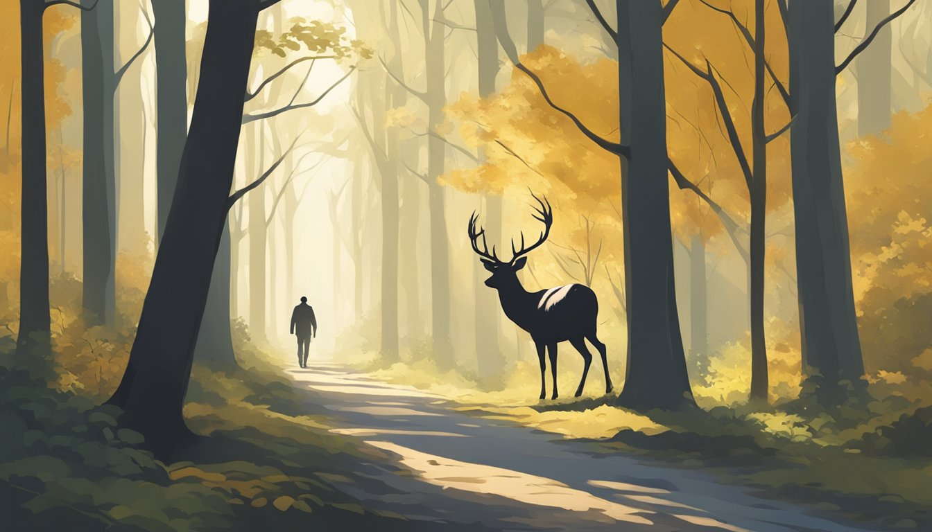 A lone figure walks through a forest, bow in hand, tracking a deer. The dappled sunlight filters through the trees, creating a serene and focused atmosphere