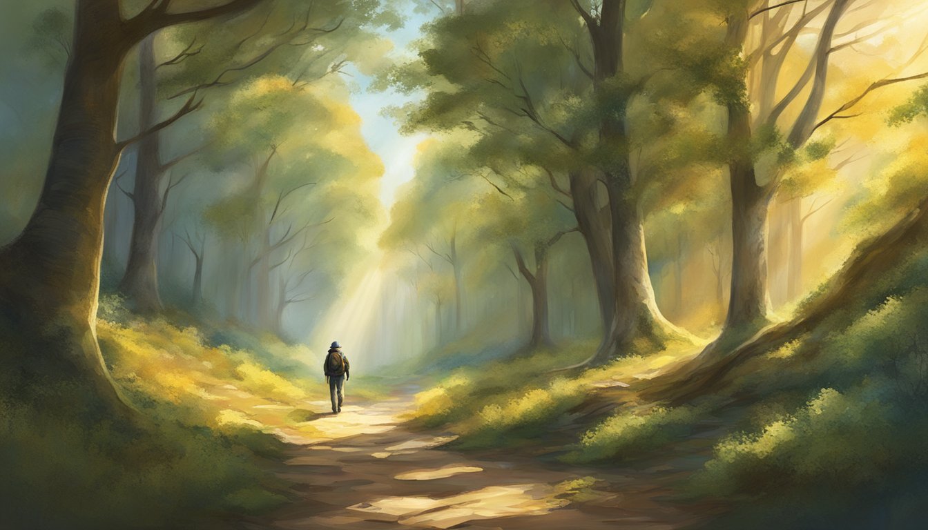 A lone figure walks through a forest, bow in hand, surrounded by wildlife and natural beauty. The sunlight filters through the trees, casting a warm glow on the pilgrim's path