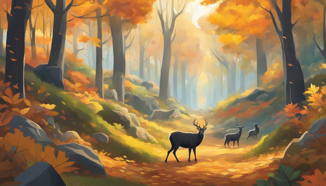 A dense forest alive with the sounds of animals in pursuit, set against a backdrop of vibrant autumn foliage