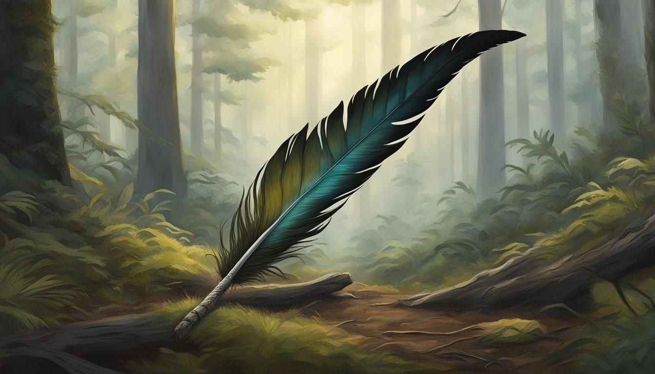 A lone feather rests on the forest floor, while a fang from a predator lies nearby. The juxtaposition of these two elements symbolizes the delicate balance of power and humility in the natural world