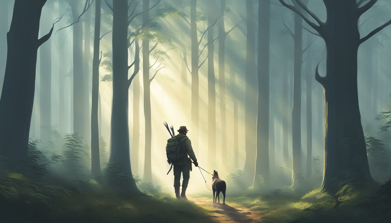 A lone hunter walks through a misty forest, bow in hand, surrounded by towering trees and the soft glow of sunlight filtering through the leaves