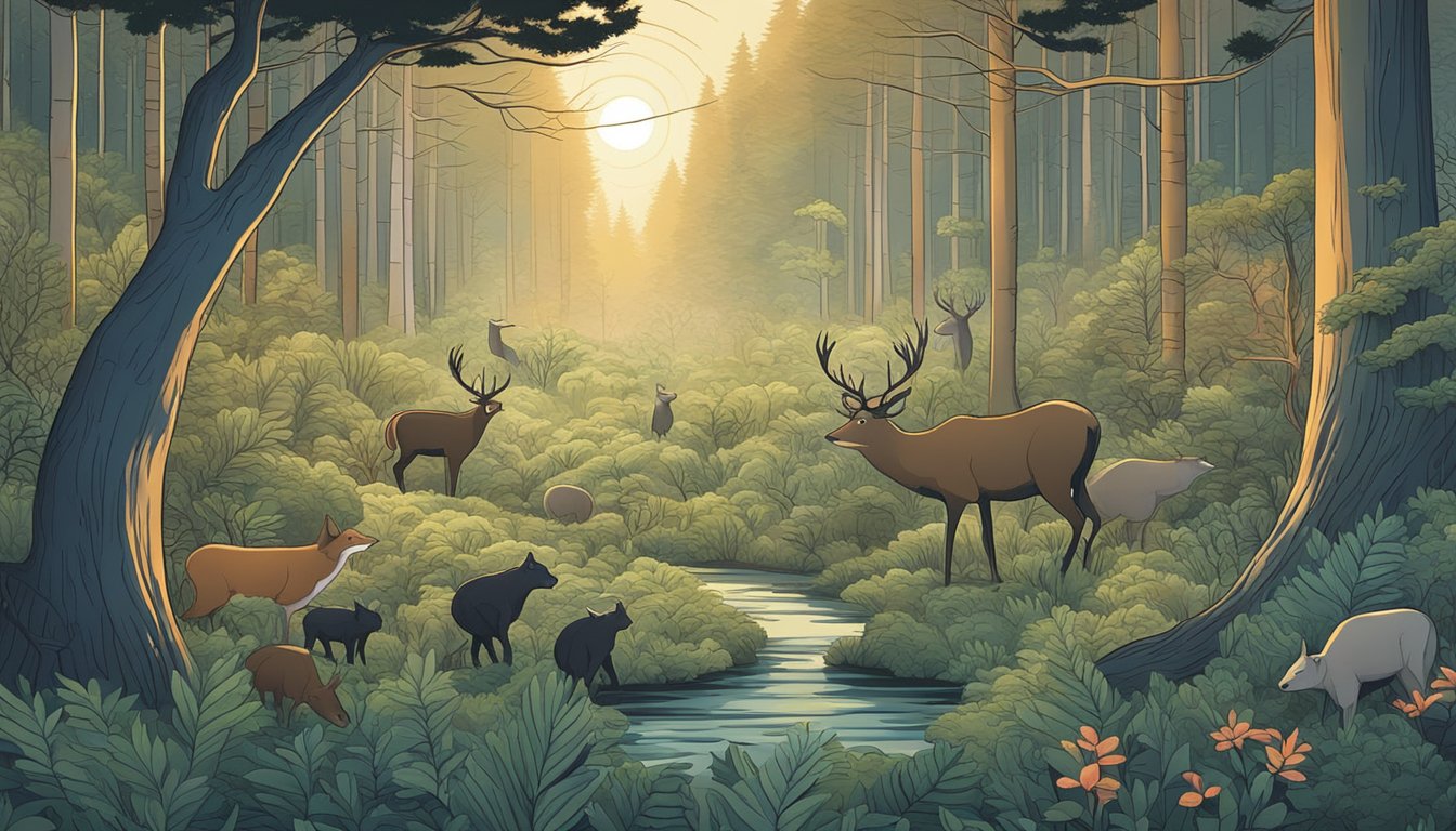 A dense forest at dusk, with a variety of animals depicted through sound waves emanating from the trees and underbrush