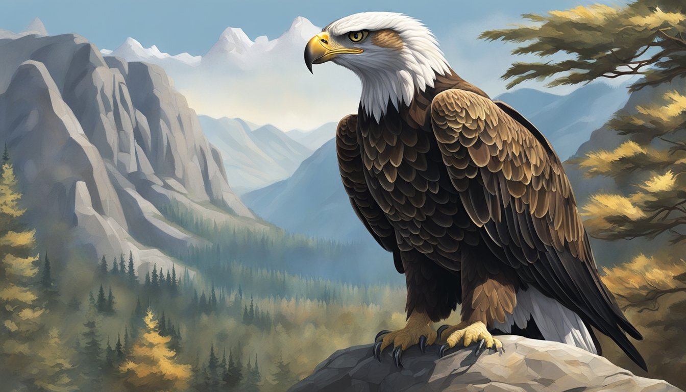 A majestic eagle perches on a rocky outcrop, its sharp eyes fixed on a sleek, powerful cougar stalking through the underbrush. The tension between predator and prey is palpable