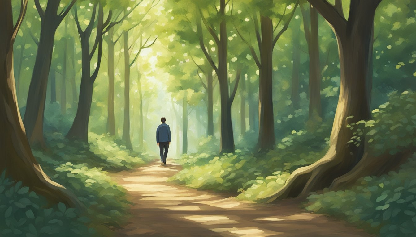 A lone figure walks through a serene forest, bow in hand, eyes focused on the path ahead. The dappled sunlight filters through the leaves, creating a sense of peaceful introspection