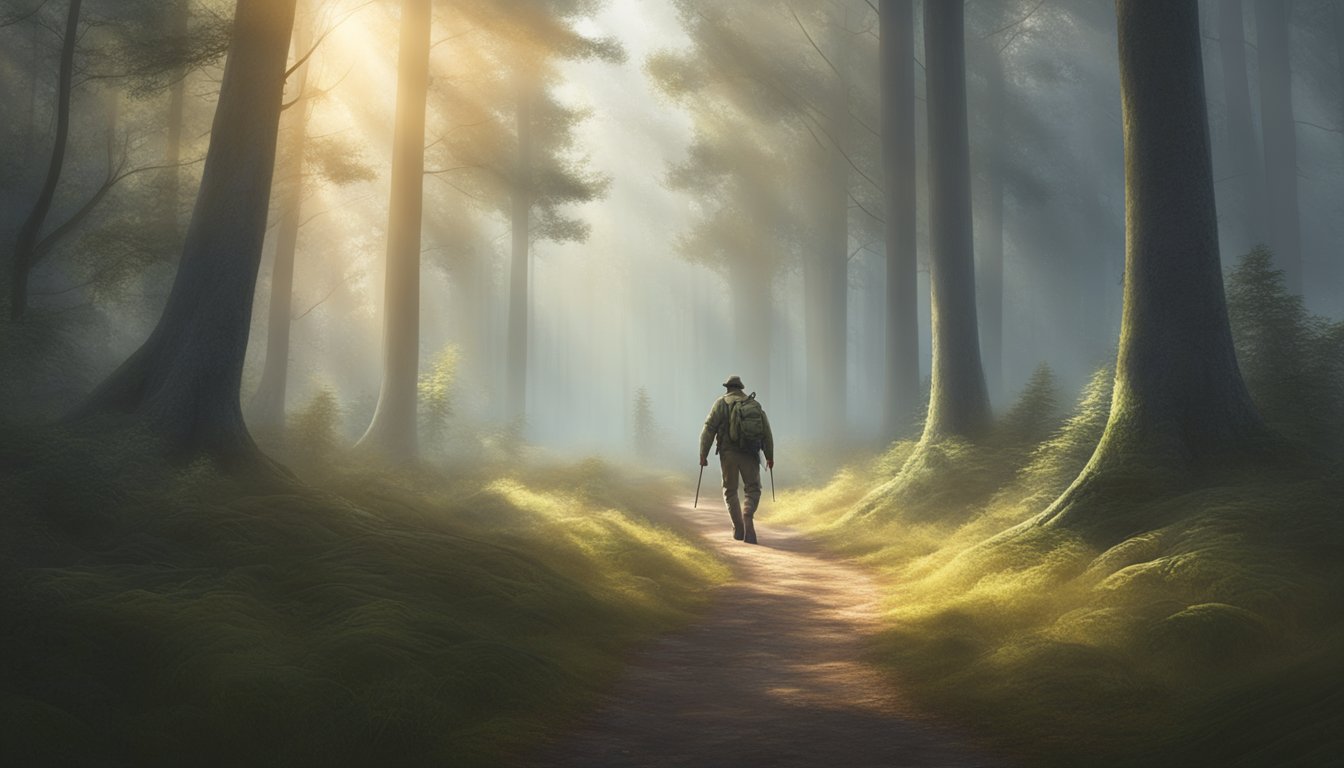 A lone hunter walks a misty forest path, bow in hand, surrounded by towering trees and dappled sunlight