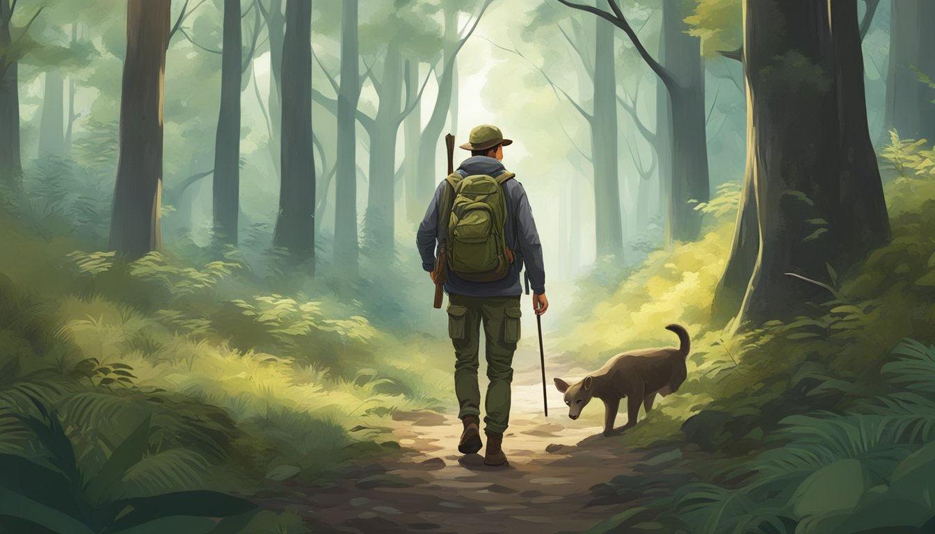 A solitary hunter walking through a dense forest, surrounded by towering trees and wildlife, with a sense of spiritual connection to the natural world