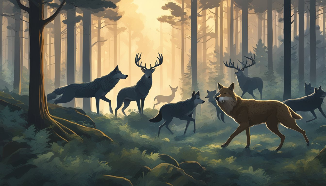 A dense forest at dusk, with a pack of wolves chasing a deer, birds fluttering in the trees, and the sound of hooves pounding on the forest floor