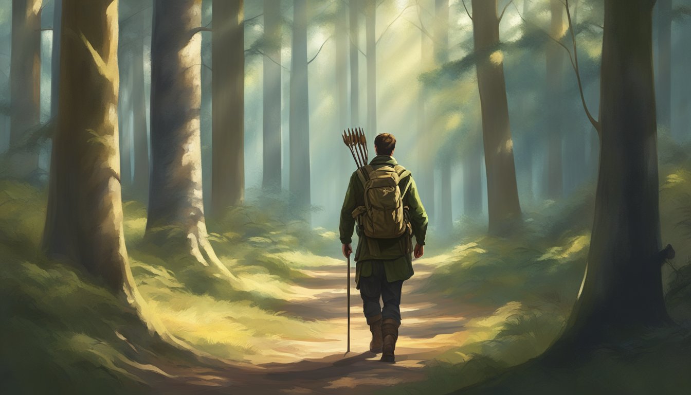 A lone hunter walks through a serene forest, bow in hand, surrounded by tall trees and dappled sunlight, with a sense of purpose and spiritual connection