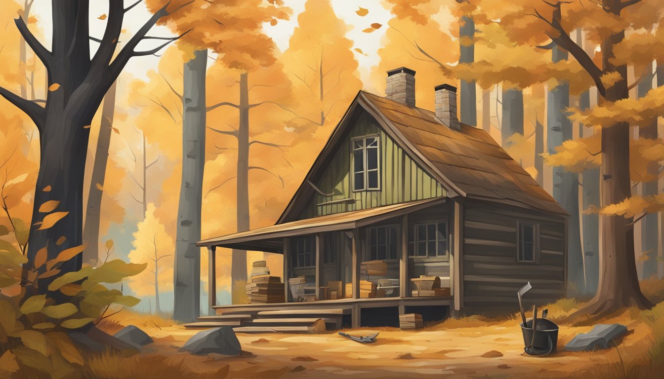 A tranquil forest clearing with changing leaves, a rustic cabin, and a hunter's tools scattered about